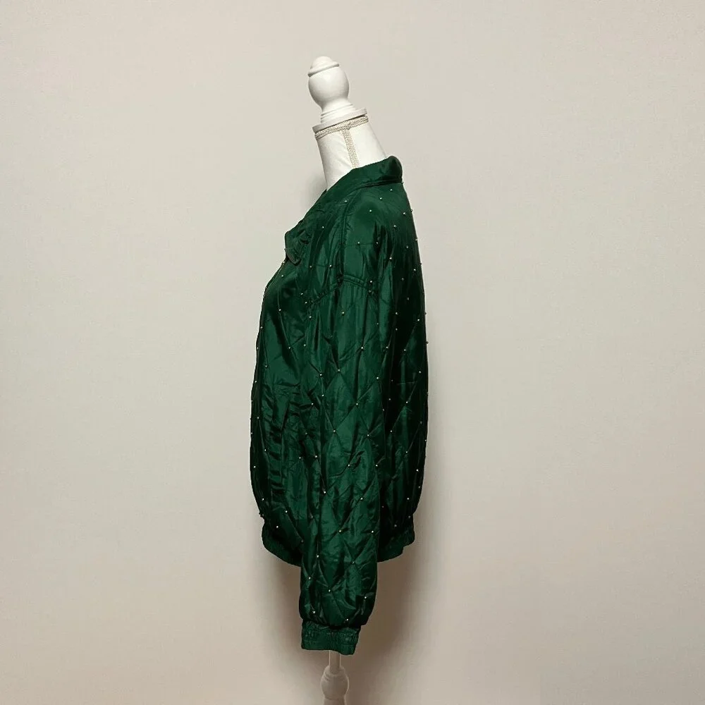 Vintage Selene Paris Green Studded Silk Bomber Jacket, Size Large, Shoulder Pads - Picture 4 of 9